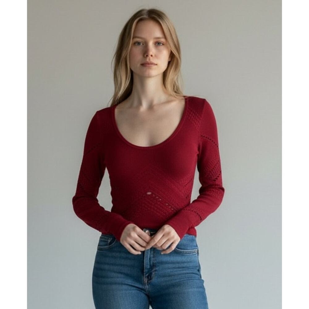 New SPIRITUAL GANGSTER Women's Red Ribbed Long Sleeves Top Size XS/S